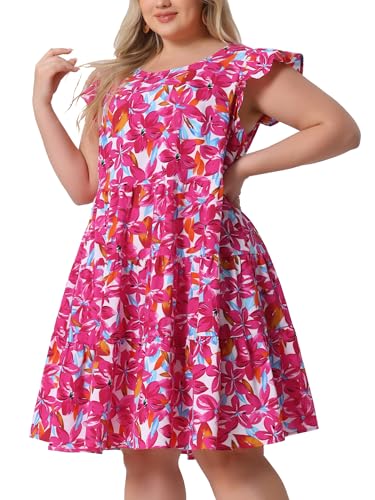 Image of Agnes Orinda Plus Size Summer Dress for Women Boho Flutter Sleeves Round Neck Floral Print Tiered Babydoll Ruffle Dresses