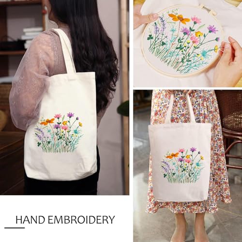 Image of Embroidery Kit Canvas Tote Bag, Hand Embroidery Kit with Floral Pattern for Beginners, Cross Stitch Kits for Adults, Arts and DIY Crafts Kits, Embroidery Starter kit with Embroidery Bag and Tools