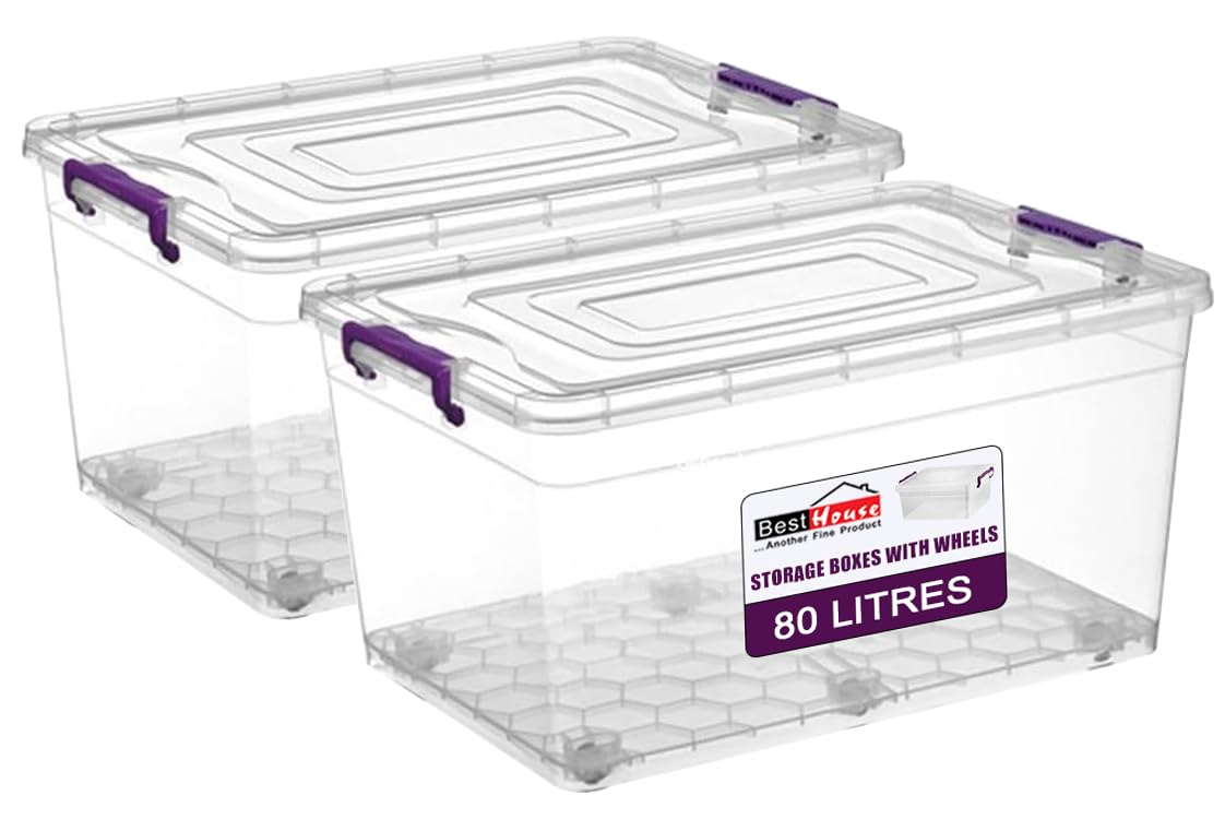 BH | 80L - 2 PCS Clear Large Plastic Storage Box with Lids on Wheels |Containers Multi Purpose use for Home, office, Kitchen, Toys, Clip Locked (80 Litres) - By BEST HOUSE