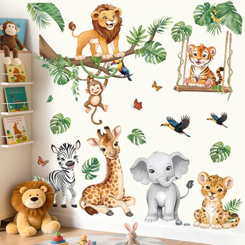 decalmile Stickers Muraux Animaux Arbre Branche Autocollant Mural Safari Éléphant Girafe Lion Décoration Murale Bébé Pépinière Chambre Enfants