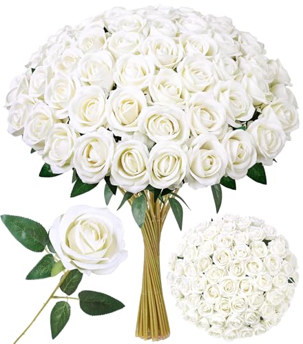 Image of INSPRING 50 PCS White Roses Artificial Flowers with Long Stems | Real Looking, Fake Roses, Silk Flowers, DIY Bouquet, Wedding Party Celebration Home Bridal Decoration Gift, for Her Wife