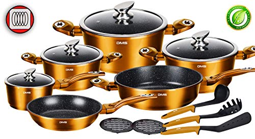 DMSu00ae 15-teilig Induktion Kochgeschirr Kochset Töpfe Pfannen Set Bratpfanne Kasserolle Suppentopf mit Glasdeckel 3 Küchenutensilien 2 Topfuntersetzer Marbel Beschichtung Spülmaschinengeeignet (Kupfer)
