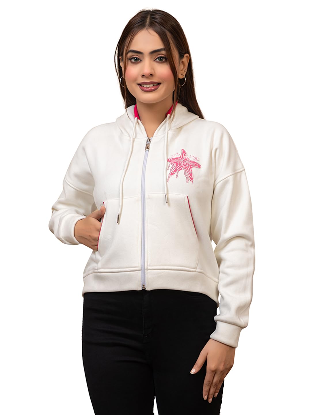 White Zip-Up Hoodie with Pink Starfish Graphic, Drawstring Hood, Front Pockets, Casual Sweatshirt-image-31