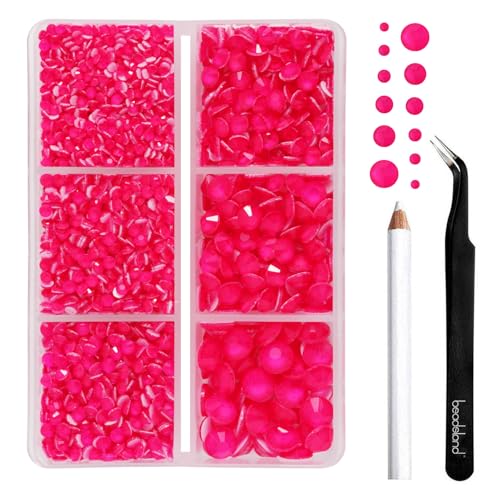 Image of BEADSLAND Hotfix Rhinestones, 4000 PCS Rhinestones for Clothes Crafts Mixed 6 Sizes with Wax Pencil and Tweezers Kit, SS6-SS30, Neon Rose