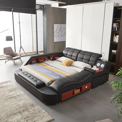 Multifunctional King Bed Frame, Modern Luxury Smart Bed with Mass...