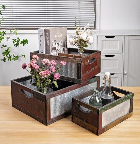 Set of 3 Nesting Wooden Crates, Rustic Wooden Storage Container Boxes with Cutout Handles, Decorative Farmhouse Wood Baskets for Display (Random)