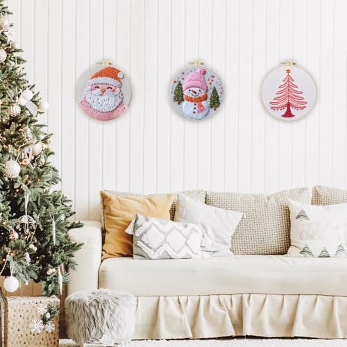 Image of LB Pink Christmas Embroidery Kit for Beginners Adults, 3 Sets Hand Embroidery Starter Kit with Santa Pattern and Instructions Stamped Cross Stitch Kits Include Embroidery Hoop Needles Threads Scissors