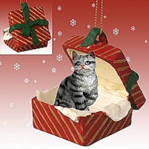 Conversation Concepts Silver Shorthaired Tabby Cat Gift Box Red Ornament
