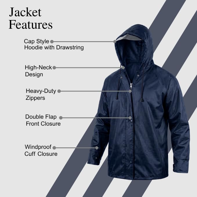 Image of GRECIILOOKS Men`s Raincoat | raincoat For men Waterproof with Hood | Rainsuit with Drawstring & heavy duty zippers | rain coat for Mens with Transparent Visor