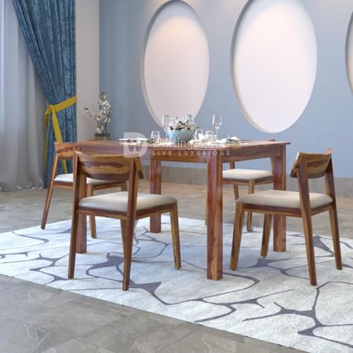 Image of DRIFTINGWOOD Liana Dining Table 4 Seater | Four Seater Dinning Table with 4 Chairs with Beige Cushions for Home | Rosewood, Natural Finish Self Assembly(DIY)