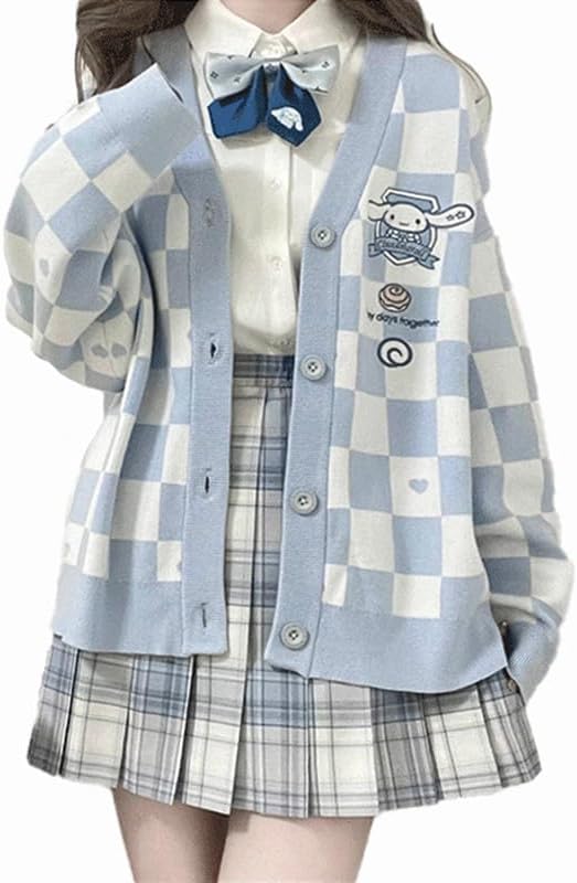 Kawaii Sweater Anime Plaid Cardigan Sweaters Cardigan for Women Cosplay Costume V Neck Long Sleeve Small Blue