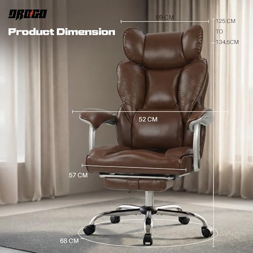Image of DROGO Emperium Office Chair for Work from Home 400LBS | Ergonomic Executive Boss Chair with PU Leather,High Back, Spacious Cushion Seat & Pumping Lumbar Support | Premium Metal Base & Footrest (Brown)