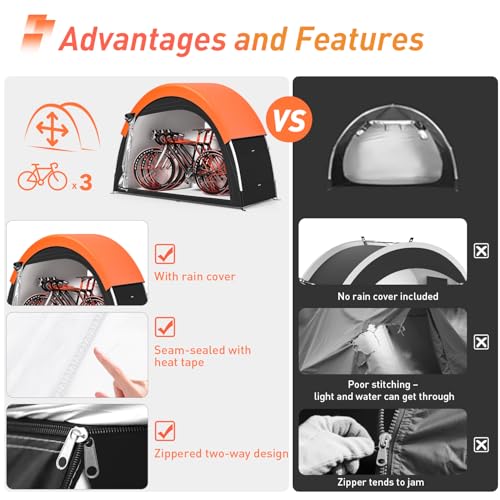 Image of Upgraded Bike Tent with Rain Cover, Portable Outdoor Storage Shed for 2-3 Bikes, 210D Oxford Fabric PU4000 Waterproof, Bike Shed /Bike Cover for Motorcycles, Garden Tools, Lawn Mower