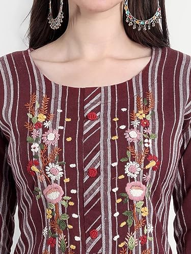 Image of Siyanic Marron Khadi Striped Womens Cotton Kurta || Cotton Kurta || Womens Khadi Kurta