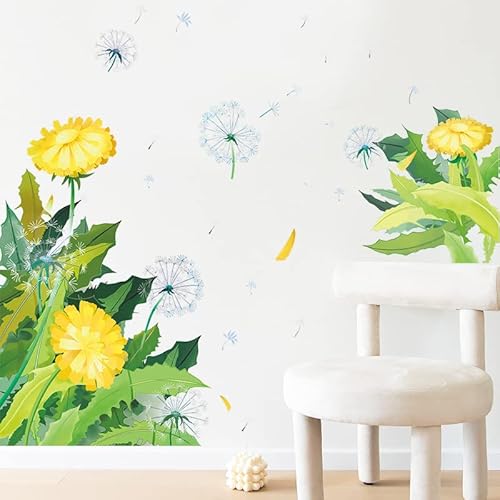 Yellow Flowers Green Plant Leaves Wall Stickers, Fresh Vivid Dandelion Flower Wall Decal Peel And Stick Garden Flower Wall Art Murals Decor For Nursery Girls Room Living Room Dormitory Bedroom (#3 Dandelion) #TOP7