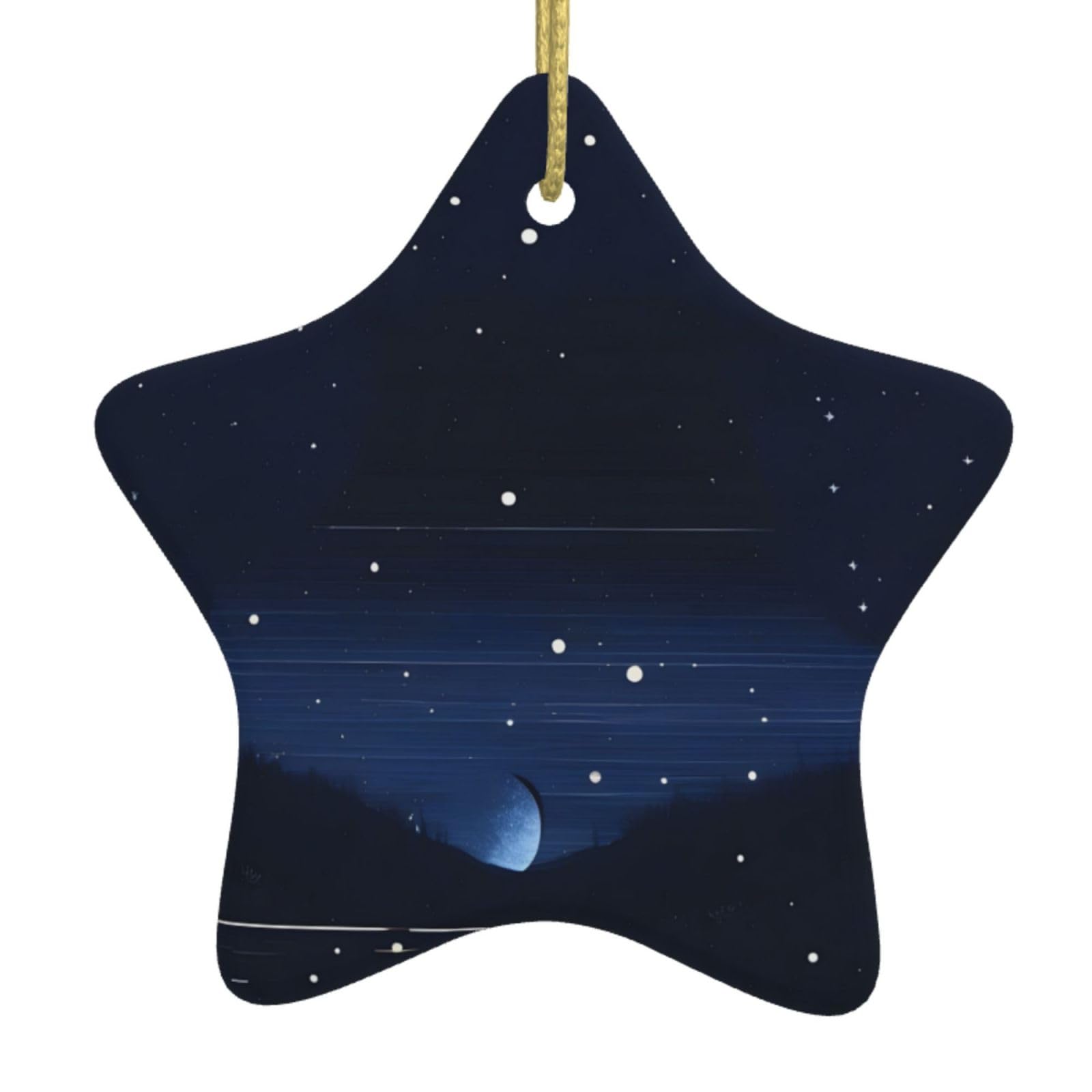 Dark Blue Night View Christmas Ceramic Star Pendant with Punched Holes and Gold Wire Rope, Christmas Tree Home Decoration