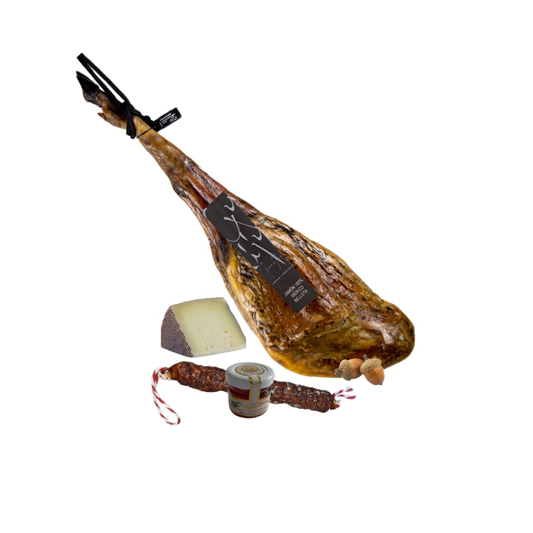 Jamón Ibérico de Bellota 100% Ibérico, Pata Negra, 8-8,5 kg, con Chorizo o Salchichón de Bellota y Cuña de Queso de Oveja y miel natural de encina de regalo, Marca Guiju.Certificado brida negra.