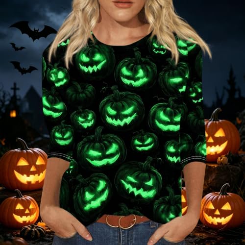 Image of Women Spooky Halloween Graphic Shirt 3 /4 Length Sleeve Crewneck Top | Halloween Funny Printed Pumpkin Plus Size Tshirts 2026 Fall Outfits Skeleton Tee Going Out Tops