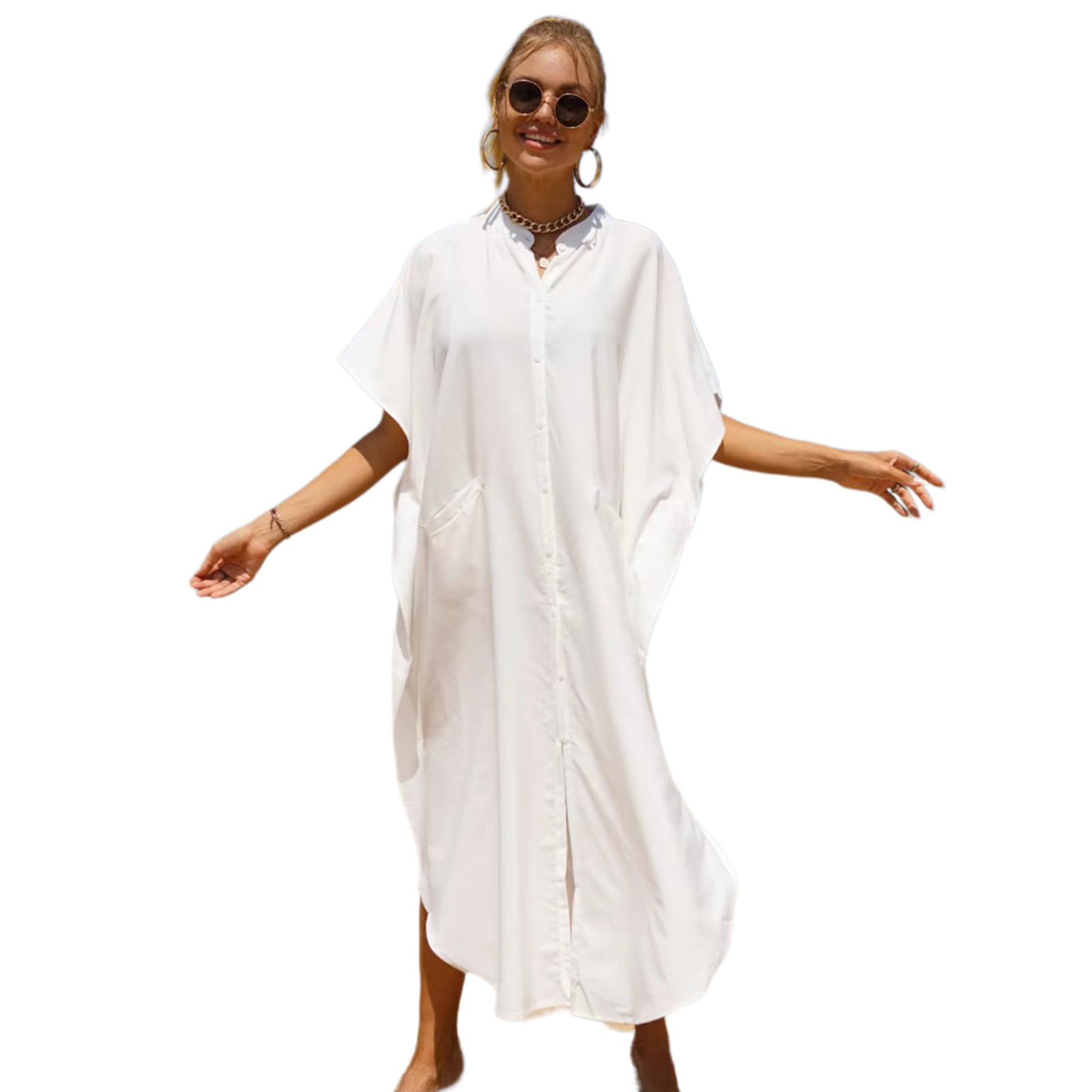 Vestido largo de traje de baño para mujer, con abertura lateral y botones hacia abajo, kimono, salida de baño para la playa