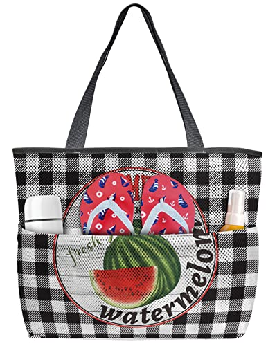 Farmhouse Watermelon Summer Beach Tote Bag for Women, Black Buffalo Plaid Mesh Beach Bags Waterproof Sandproof, Outdoor Picnic Swim Pool Handbag - Large Beach Bag with Zipper and Pockets