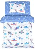 J-pinno Planet Rocket Spaceship Stars Cartoon Reversible Duvet Cover & Pillowcase Set, 100% Cotton Weighted Blanket Cover 2Pcs Comforter Cover with Zipper for Kids Boys Bedding Set