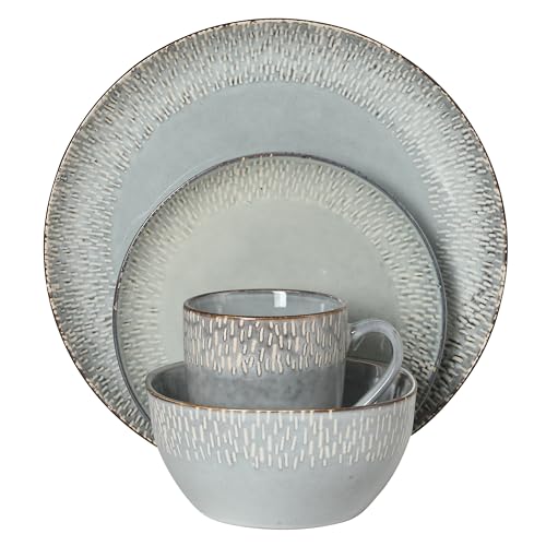 Image of Gibson Elite Jasper 16 Piece Plates and Bowls Reactive Glaze Dishes Stoneware Ceramic Dinnerware Set - Service for 4 - Grey