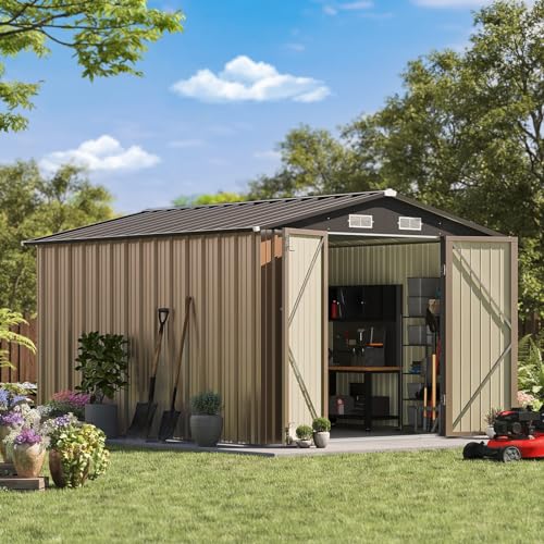 Image of Patiowell 8x10 FT Outdoor Storage Shed, Large Garden Tool Metal Shed with Sloping Roof and Double Lockable Door, Outdoor Shed for Backyard Garden Patio Lawn, Brown