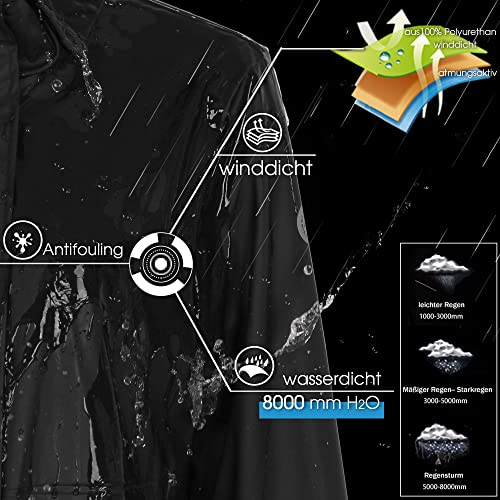 Regenmantel Damen lang Regenparka Damen wasserdicht atmungsaktiv gefütterte Regenjacke Trenchcoat Übergangsmantel Parka Outdoor, Schwarz, 38/M