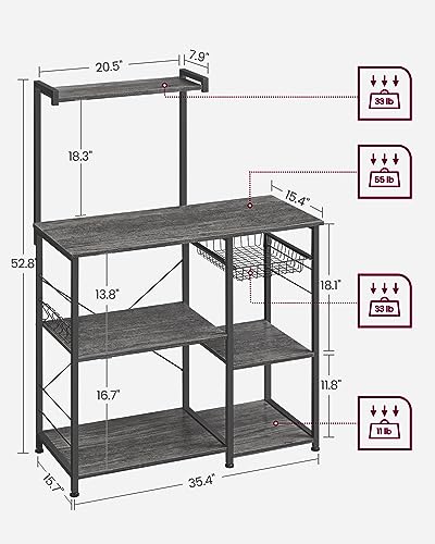 Image of VASAGLE Baker's Rack, Microwave Stand, Kitchen Storage Rack with Wire Basket, 6 Hooks, and Shelves, for Spices, Pots, and Pans, Charcoal Gray and Ink Black UKKS035B04