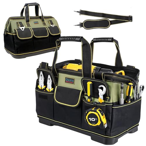 Tool Bag Ounic 18 Inch Large Tool Tote Bag Heavy Duty With Waterproof Molded Base Wide Mouth Tool Box Organizer with Adjustable Shoulder Strap for Electrician Mechanic Craftsman Plumbers(Green)