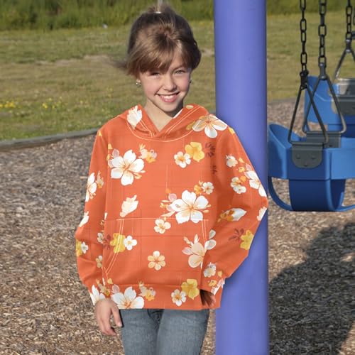 Orange Gingham Unisex Kids Sweatshirt Casual Athletic Hoodie with Kangaroo Pocket4