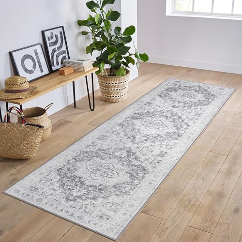 GENIMO Runner Rug 2x6, Machine Washable Non Slip Vintage Hallway Runner Rug, Low Pile Lightweiht Mat for Living Room, Entryway, Bedroom, Kitchen and Corridor, Gray