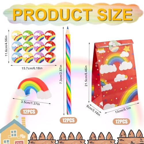RDLobu 36 Piece Rainbow Pencil Set, 12 Colouring Pencils + 12 Erasers + 12 Kraft Paper Gift Bags - Ideal for Children - Image 2