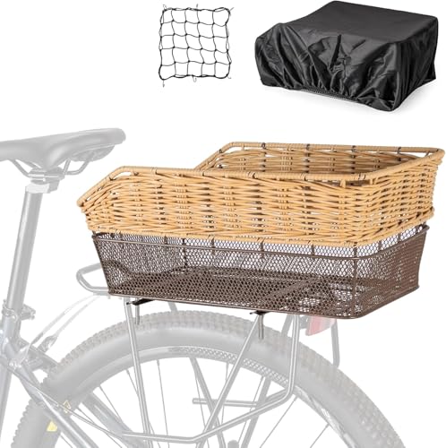 CXWXC Panier à Vélo Arrière en Osier Grand, Tressé à la Main, Universel Porte-Bagages avec Filet & Housse Étanche, pour Courses, Trajets et Animaux...