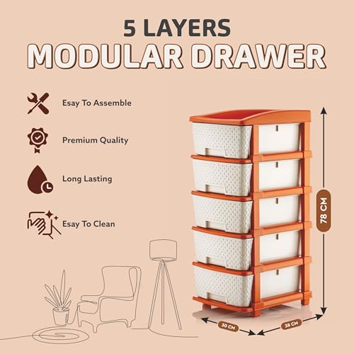 Image of HORPIN 5-Layer & Plastic Drawer Storage Organiser | Modular Kitchen & Toy Organizer For Kids Room | Home, Office, Parlor, School, Doctors, Home And Kids | Brown & White (5XL Set)