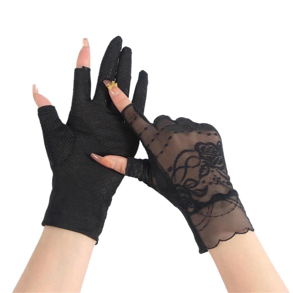 Gloves Women's Thin Ice Silk Lace Driving And Cycling Touch Screen Outdoor Exposed Two Fingers