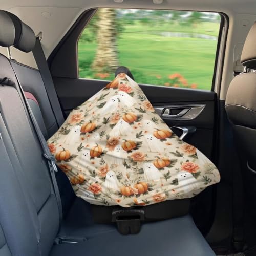 Image of Wanyint Stretchy Baby Car Seat Cover Carseat Canopy for Babies Universal Baby Breastfeeding Stroller High Chair Shopping Cart Cover Halloween Decor, Cute Ghost Pumpkin Floral
