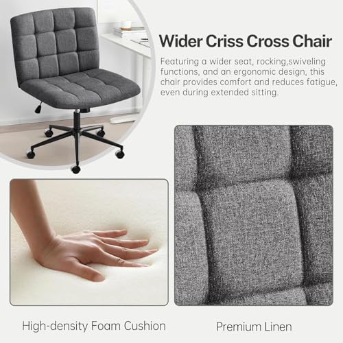 Image of Nutech Decor Armless Office Desk Chair - Linen Fabric Padded Swivel Adjustable Home Office Chair with 360 Wheels, Wide Criss Cross for Desk, Living Room (ND-Linen-Darkgrey-Wheel)