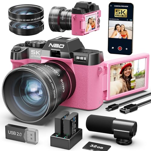 NBD 8K 64MP Cámara de fotos digital con enfoque automático, zoom digital 16x, pantalla IPS de 3' 180°, WiFi + lente gran angular, Macro + micro externo + tarjeta 64GB + 2 baterías (rosa)