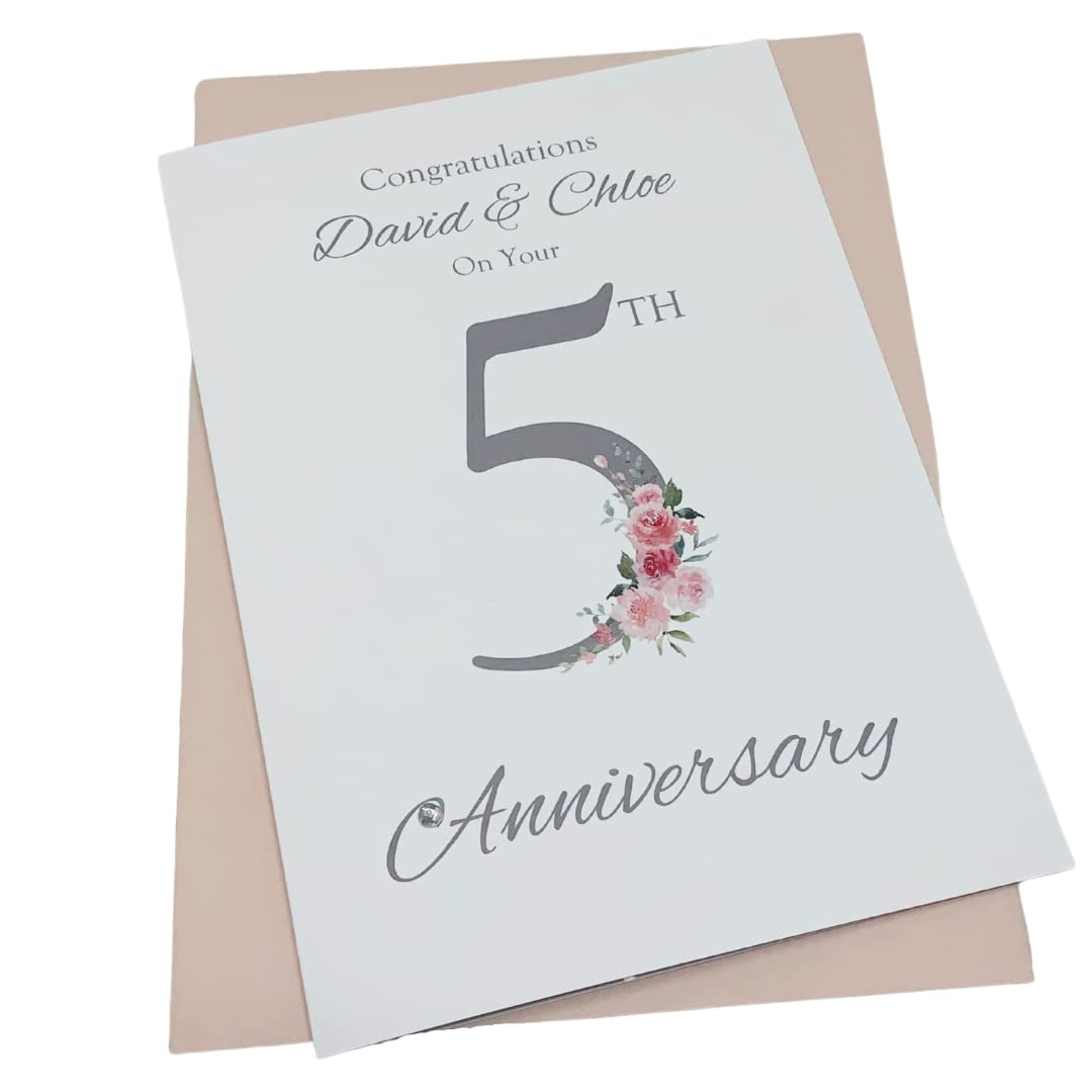 5th Anniversary Card - Wood 5 Year Fifth Wedding Anniversary Greeting Card, Personalised Gift for Wife Husband Couple Friends - Various Designs (Floral Number) โ image 1