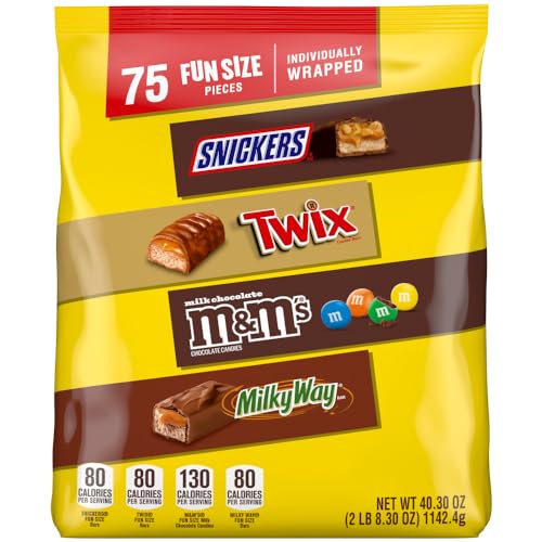 Mars SNICKERS, M&M'S Milk Chocolate, MILKY WAY & TWIX Fun Size Chocolate Candy Variety Pack, Halloween Candy Variety Pack, 75 Ct Bulk Bag