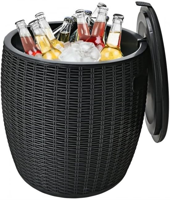 Rattan 4-in-1 Ice Bucket Table 9.5 Gal Capacity Lid Hook Drain Plug for Backyard Gatherings