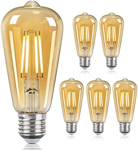DGO E27 LED Bulb, Dimmable Energy Saving Vintage Light Bulbs, ST64 Screw Edison Light Bulbs 9W (Equivalent to 100W), Warm White, Amber Glass, 6 Pack