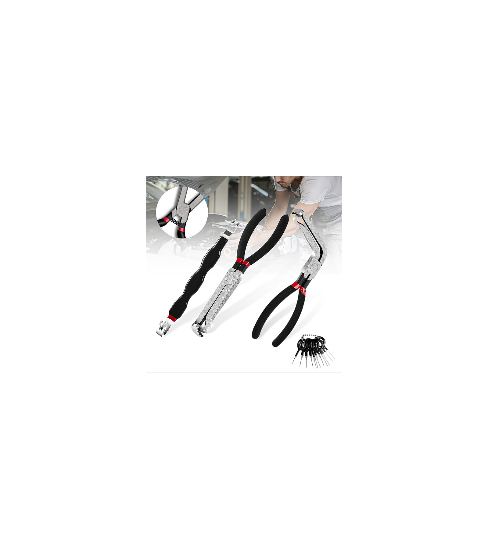 3Pcs Electrical Disconnect Pliers 37960, 37980 Electrical Connector Pliers for Cars, Fuel Line Petrol Clip Pipe Plier with 8 Pcs Terminal Removal Tools, Angled Wire Plug Removal Tool Set