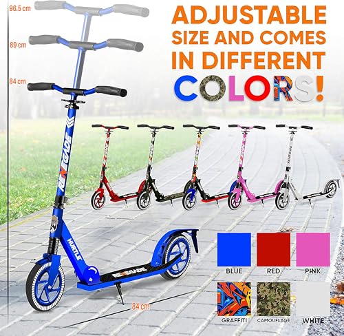 Image of Hurtle Renegade Kick Scooter for Kids, Teenagers & Adults - 2-Wheel Folding Scooter with Adjustable T-Bar Handlebar - Alloy Anti-Slip Deck