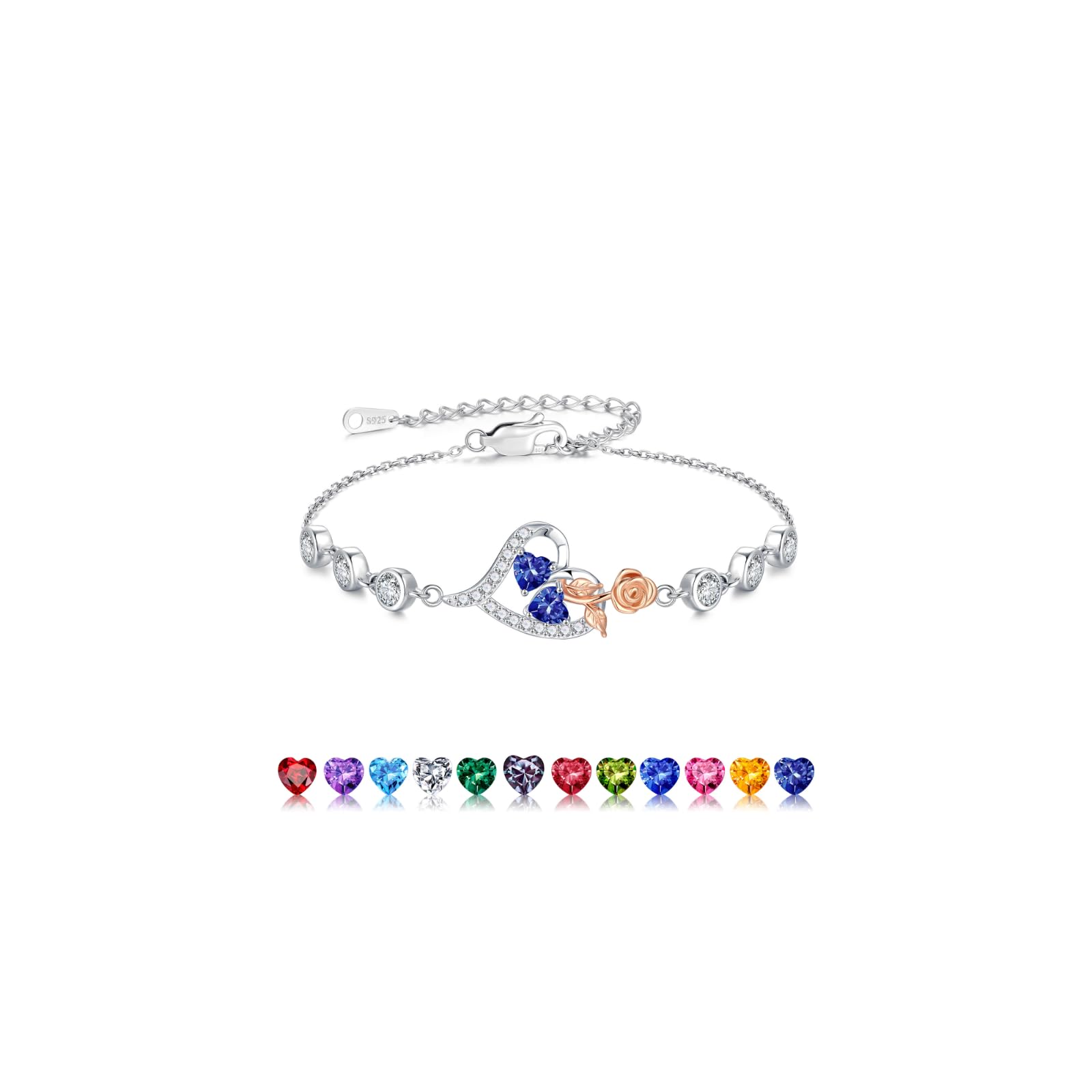 Iefil Valentines Day Gifts for Her - 925 Sterling Silver Rose Heart Birthstone Bracelets, Anniversary Birthday Gifts for Women Wife Mom Daughter, 6"+2