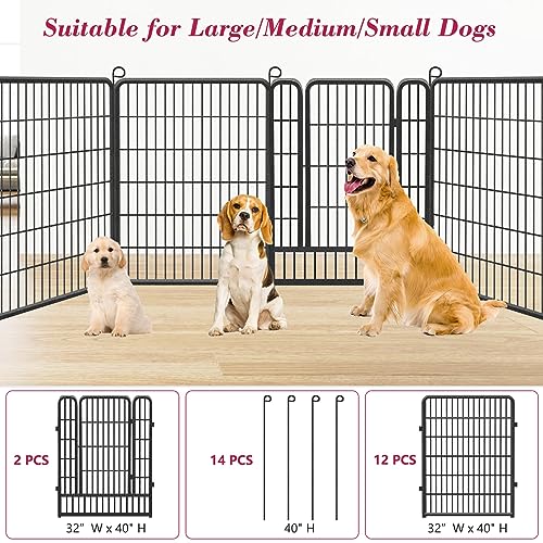 Jhsomdr Heavy Duty Dog Pens Outdoor Dog Fence Dog Playpen For Large Dogs, 40"Dog Kennel Outdoor Pet Playpen With Doors 14 Panels Metal Exercise Pens Puppy Playpen Temporary Camping Fence For The Yard #TOP2