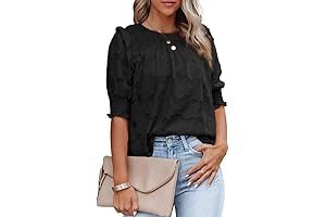 Women's Half Sleeve Shirred Tops Crewneck Lace Textured Flowy Casual Shirts