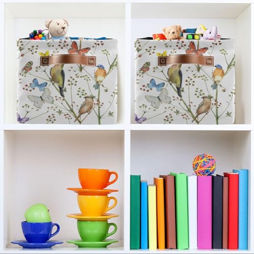 Image of Watercolor Bird Butterfly Storage Basket Bin for Shelves Closet Vintage Foldable Fabric Storage Box Cube with Handles Kids Gifts Toys Cloth Shelf Basket Organizer for Bedroom Nursery Home Decor
