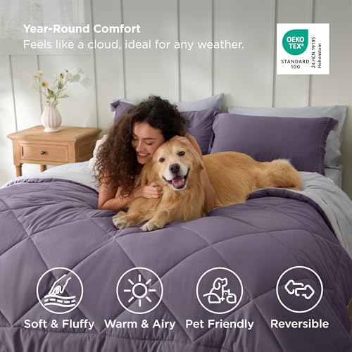 Image of Bedsure King Size Comforter Set - 7 Pieces Reversible Grayish Purple Bedding, King Size Bed Set for All Seasons, Bed in a Bag with Down Alternative Comforter, Sheets, Pillowcases & Shams